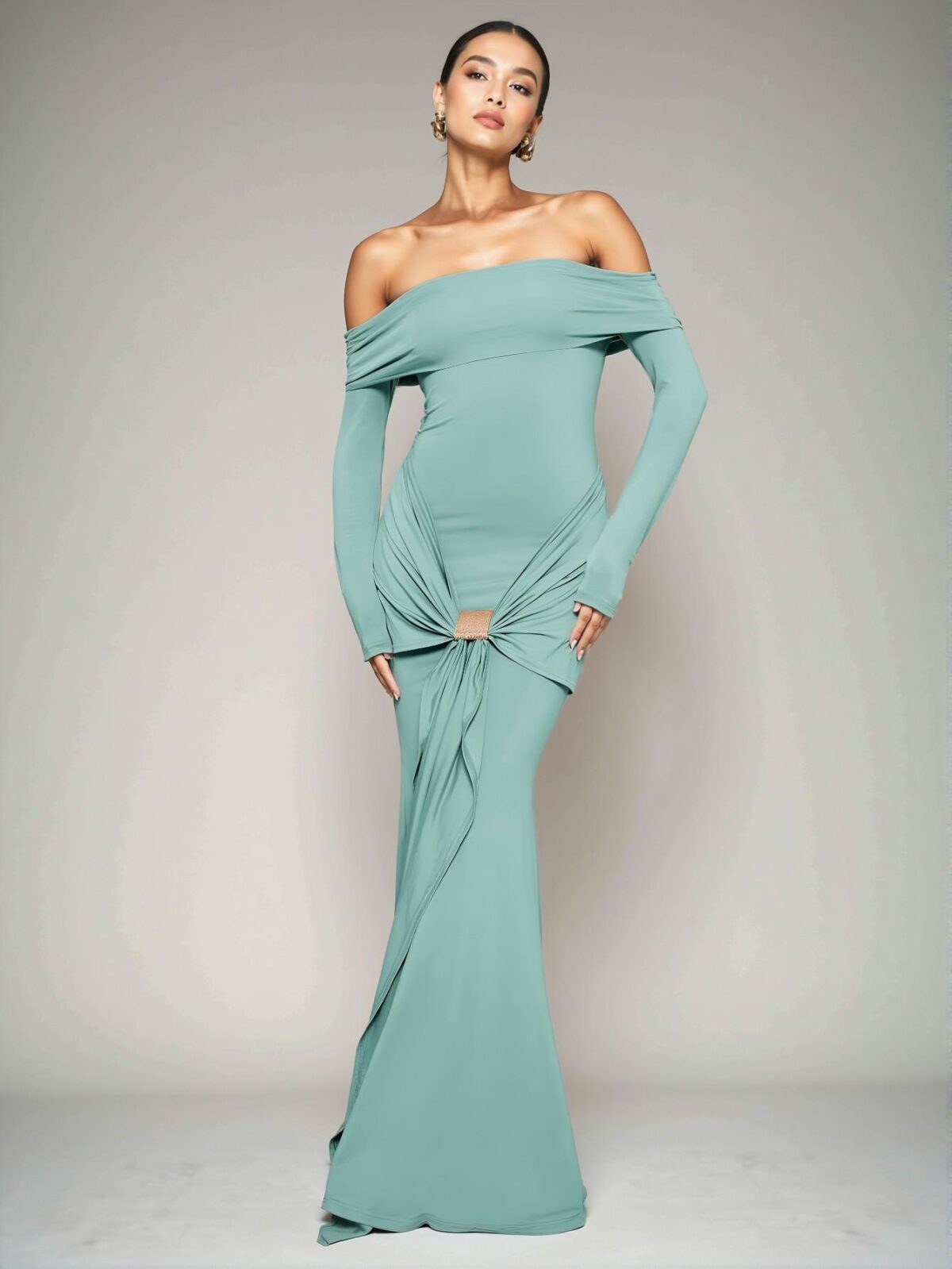 Elegant Mint Blue Off the Shoulder Long Sleeve Maxi Dress for Romantic Weddings and Graduations, Perfect for Spring and Summer Gatherings - Chic, Classy and Trendy Fashion Style to Dress to Impress