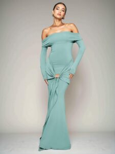 Elegant Mint Blue Off the Shoulder Long Sleeve Maxi Dress for Romantic Weddings and Graduations, Perfect for Spring and Summer Gatherings - Chic, Classy and Trendy Fashion Style to Dress to Impress