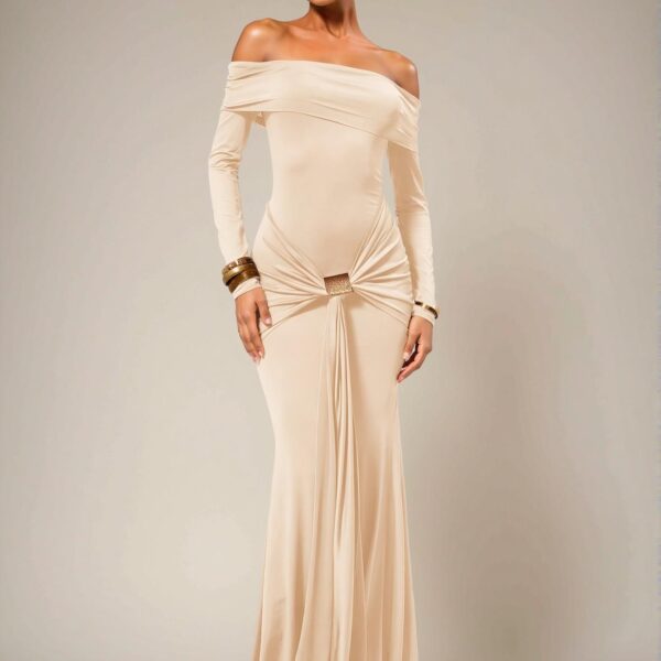 Elegant Cream Off Shoulder Long Sleeve Maxi Dress Perfect for Weddings and Summer Celebrations - Chic, Classy and Trendy Fashion Style to Dress to Impress