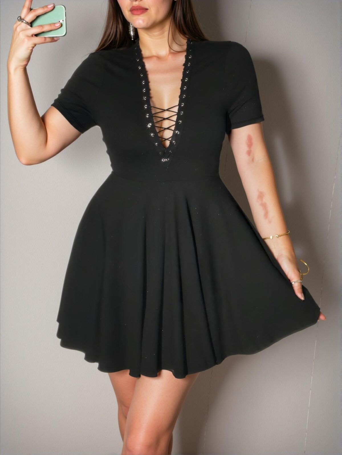 Elegant Black Ribbed V-Neck Tie Front Short Sleeve Bodycon Dress Chic, Classy and Trendy Fashion Style to Dress to Impress - Image 5