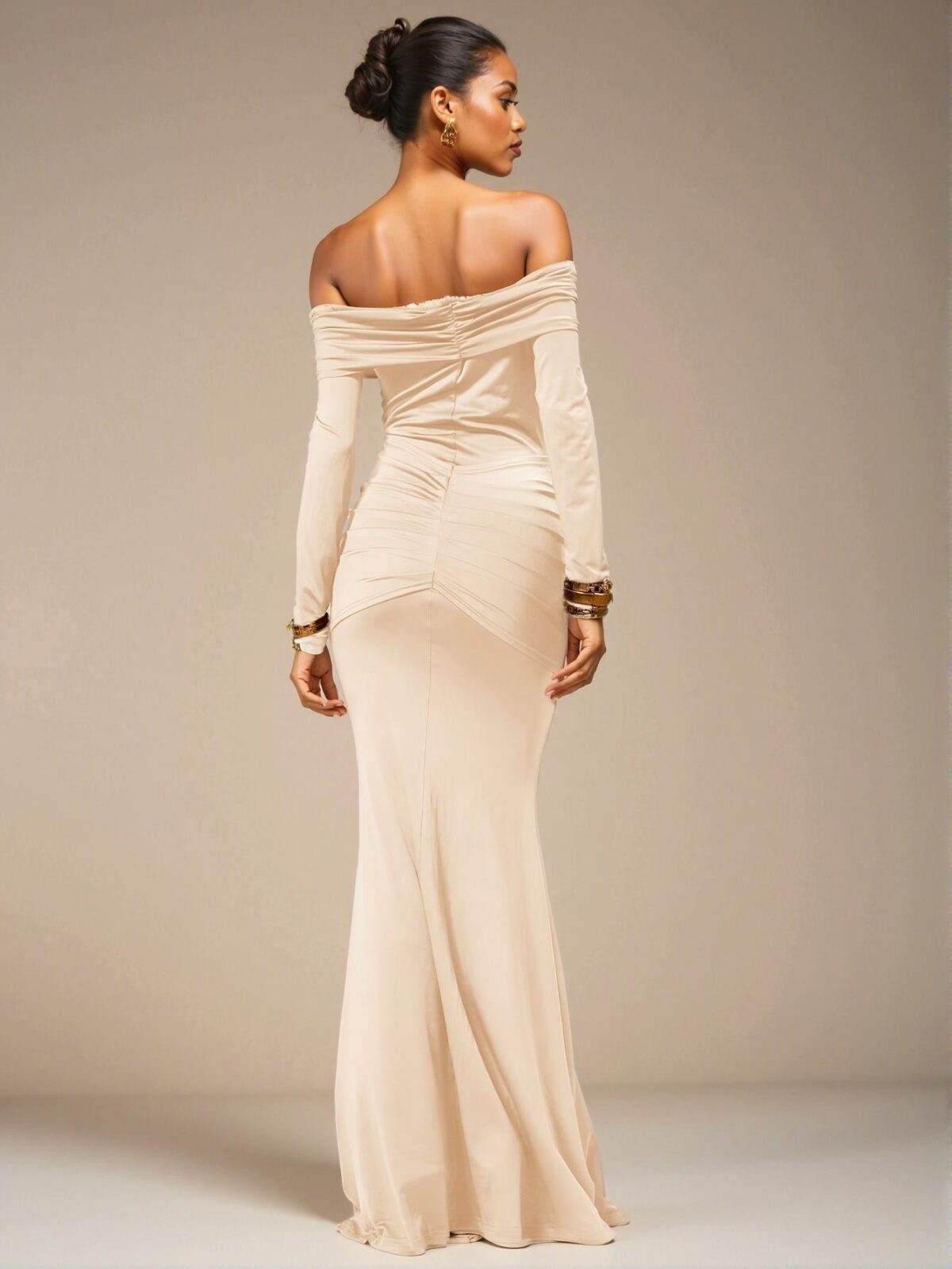 Elegant Cream Off Shoulder Long Sleeve Maxi Dress Perfect for Weddings and Summer Celebrations - Chic, Classy and Trendy Fashion Style to Dress to Impress - Image 2