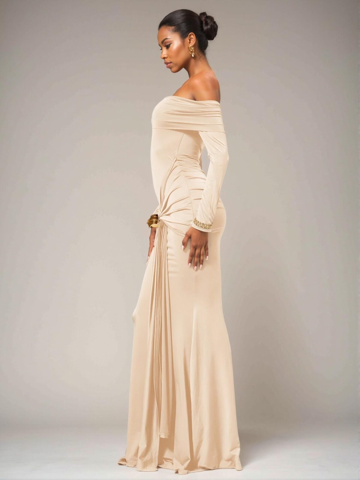 Elegant Cream Off Shoulder Long Sleeve Maxi Dress Perfect for Weddings and Summer Celebrations - Chic, Classy and Trendy Fashion Style to Dress to Impress - Image 3