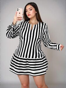 Elegant Black and White Casual Striped Print Mini Smock Dress with Ruffle Hem and Bishop Sleeves - Chic, Classy, and Trendy Fashion Style to Dress to Impress