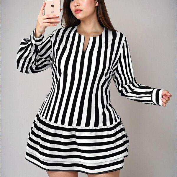 Elegant Black and White Casual Striped Print Mini Smock Dress with Ruffle Hem and Bishop Sleeves - Chic, Classy, and Trendy Fashion Style to Dress to Impress