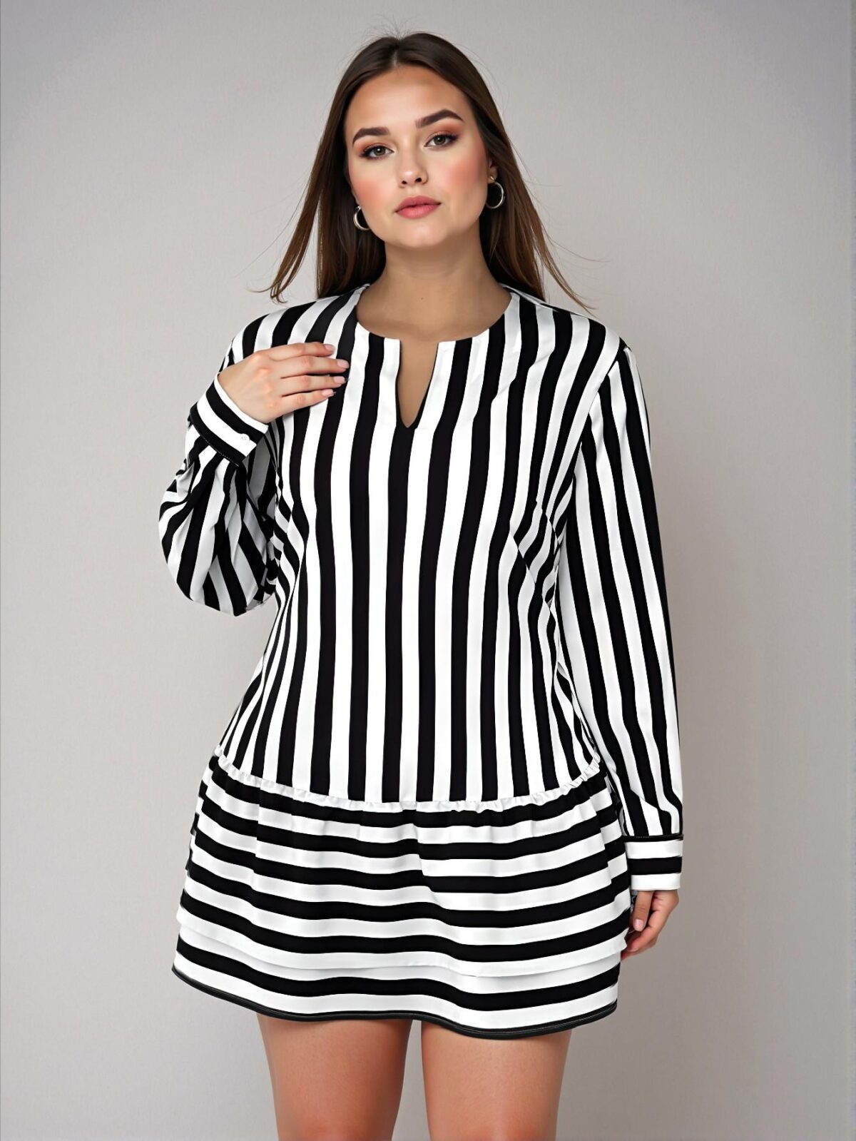 Elegant Black and White Casual Striped Print Mini Smock Dress with Ruffle Hem and Bishop Sleeves - Chic, Classy, and Trendy Fashion Style to Dress to Impress - Image 2