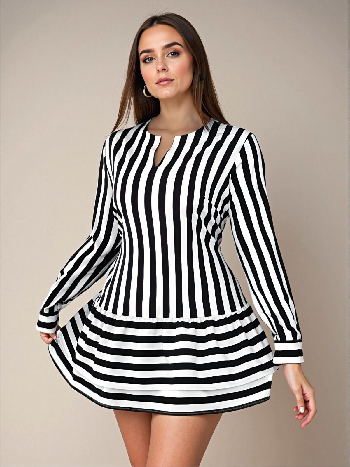 Elegant Black and White Casual Striped Print Mini Smock Dress with Ruffle Hem and Bishop Sleeves - Chic, Classy, and Trendy Fashion Style to Dress to Impress - Image 4