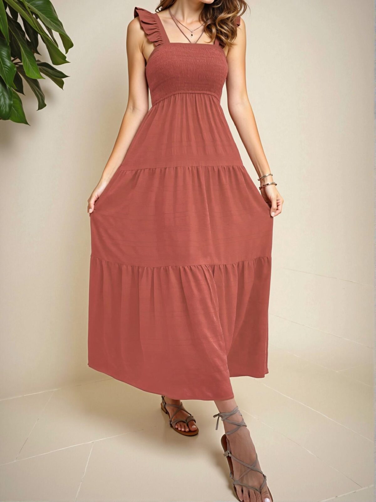 Elegant Redwood Flounce Hem A-Line Maxi Dress for Beach Vacations in Spring and Summer - Chic, Classy and Trendy Fashion Style to Dress to Impress - Image 4