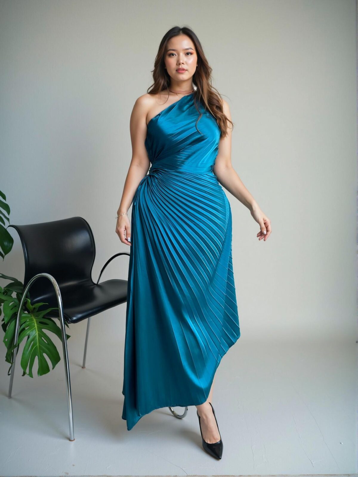 Elegant Teal Blue Asymmetrical Neck Tropical Chic Afternoon Tea Party High-End Venue Concert Dinner Dress with Pleated Detail and Hollow Out Waist - Chic, Classy and Trendy Fashion Style to Dress to Impress