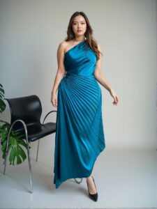 Elegant Teal Blue Asymmetrical Neck Tropical Chic Afternoon Tea Party High-End Venue Concert Dinner Dress with Pleated Detail and Hollow Out Waist - Chic, Classy and Trendy Fashion Style to Dress to Impress