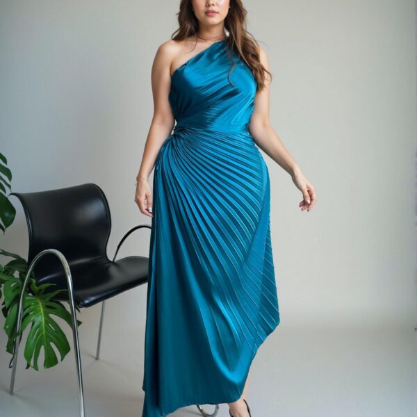 Elegant Teal Blue Asymmetrical Neck Tropical Chic Afternoon Tea Party High-End Venue Concert Dinner Dress with Pleated Detail and Hollow Out Waist - Chic, Classy and Trendy Fashion Style to Dress to Impress