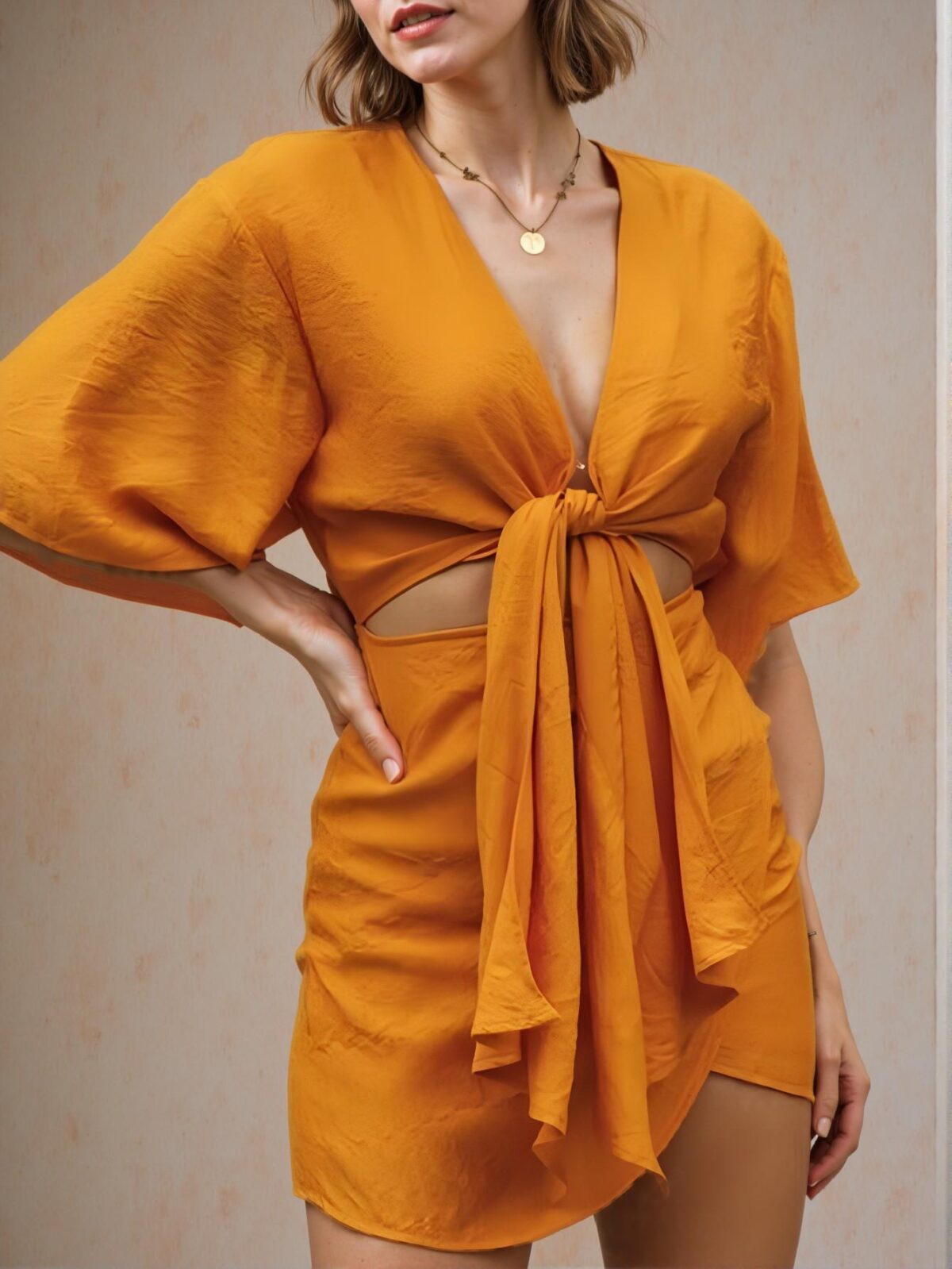 Elegant Yellow Stylish V-Neck Tie-Up Casual Dress with Waist Cut-Out and Asymmetric Hem, Perfect for Summer Vacations and Spring Outings - Chic, Classy and Trendy Fashion Style to Dress to Impress - Image 2