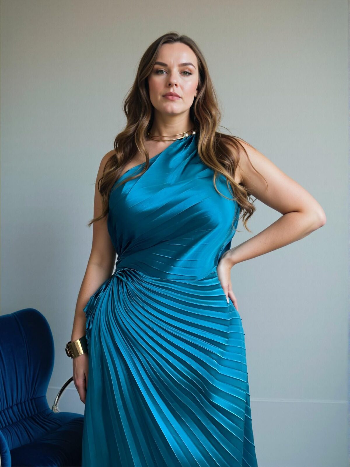 Elegant Teal Blue Asymmetrical Neck Tropical Chic Afternoon Tea Party High-End Venue Concert Dinner Dress with Pleated Detail and Hollow Out Waist - Chic, Classy and Trendy Fashion Style to Dress to Impress - Image 3