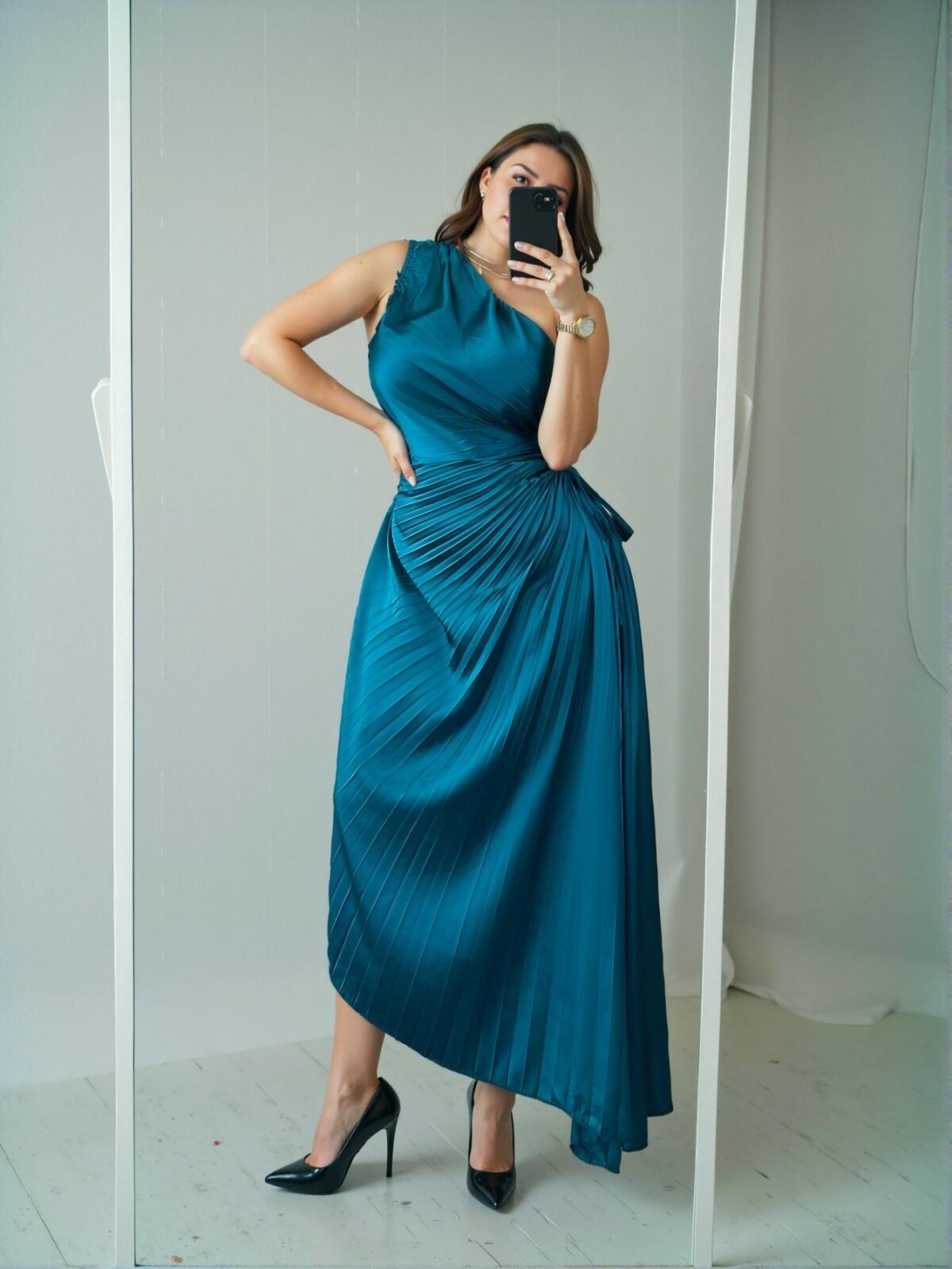 Elegant Teal Blue Asymmetrical Neck Tropical Chic Afternoon Tea Party High-End Venue Concert Dinner Dress with Pleated Detail and Hollow Out Waist - Chic, Classy and Trendy Fashion Style to Dress to Impress - Image 4
