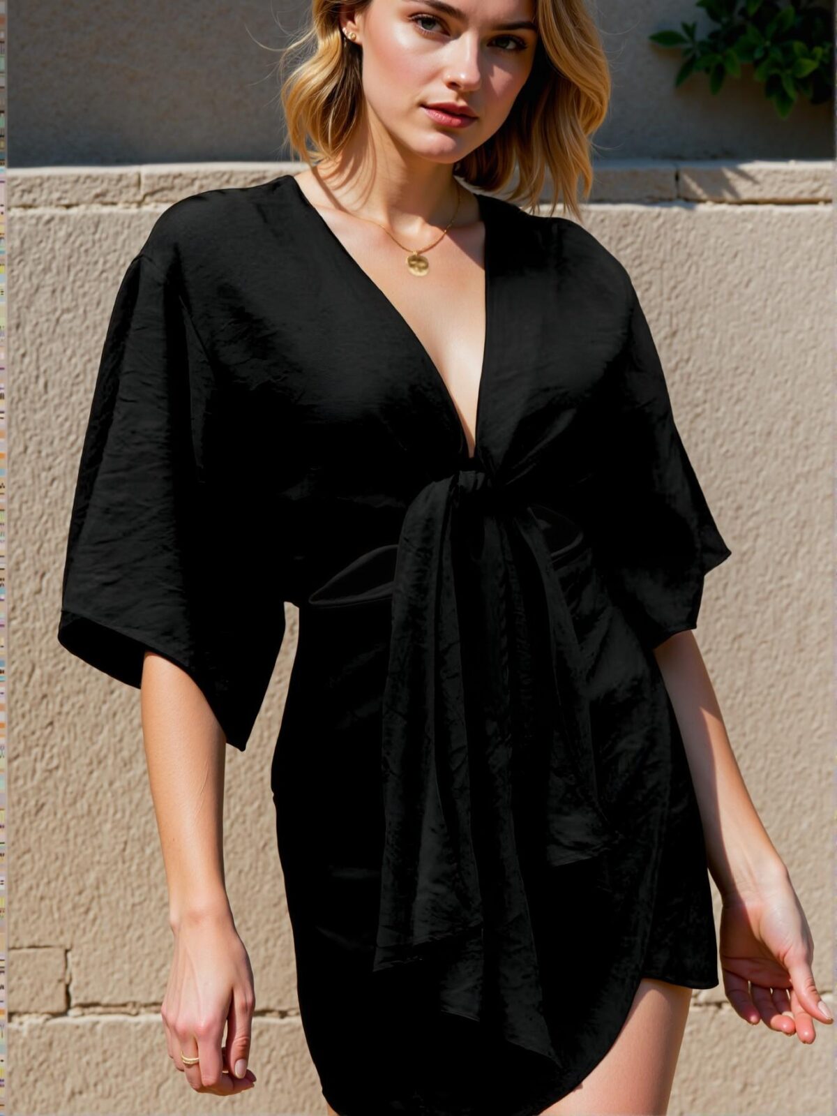 Elegant Black Stylish V-Neck Tie-Up Bodycon Dress with Asymmetrical Hem and Chic Short Sleeves for Spring and Summer Outings - Chic, Classy and Trendy Fashion Style to Dress to Impress - Image 2