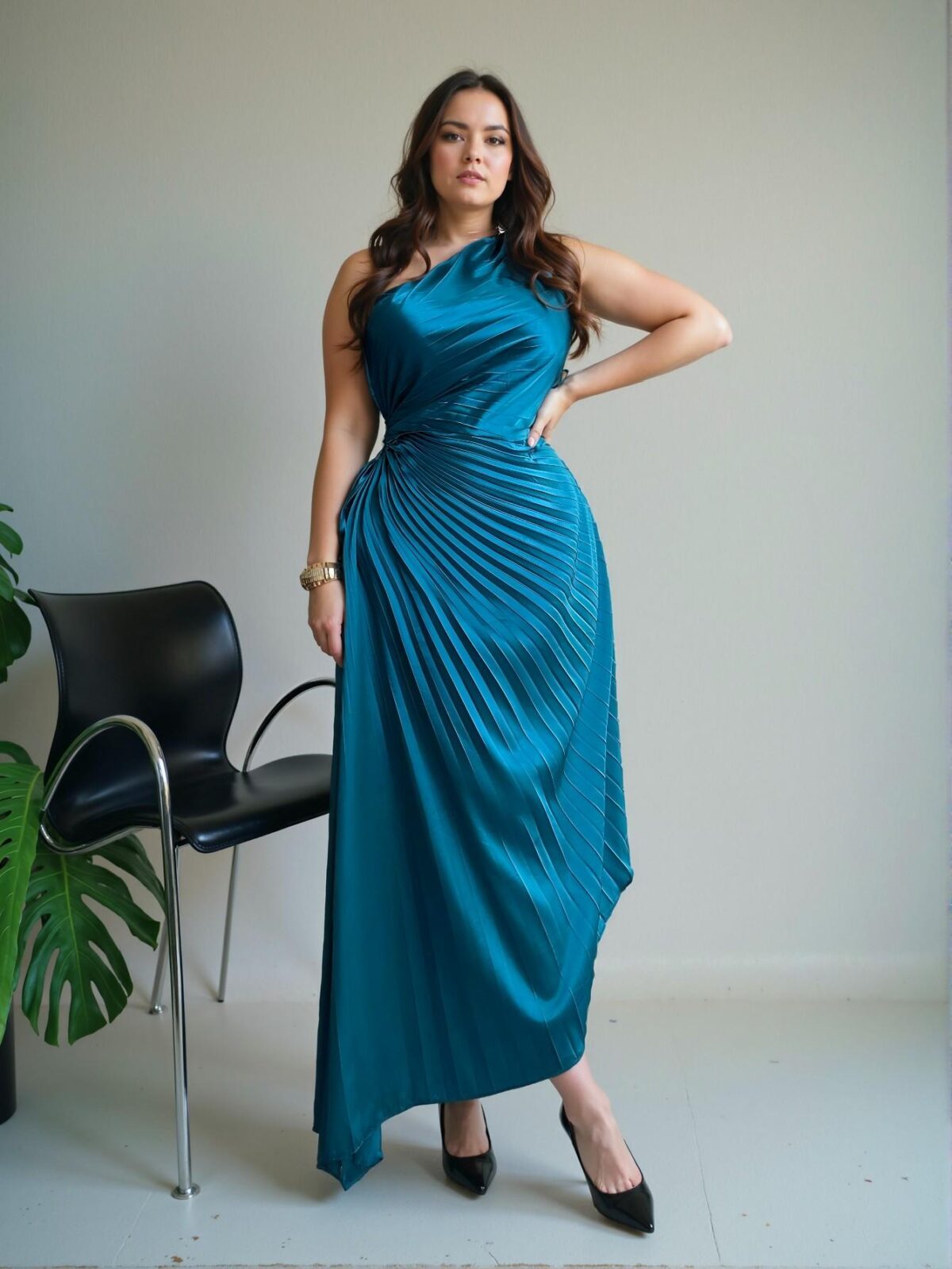 Elegant Teal Blue Asymmetrical Neck Tropical Chic Afternoon Tea Party High-End Venue Concert Dinner Dress with Pleated Detail and Hollow Out Waist - Chic, Classy and Trendy Fashion Style to Dress to Impress - Image 5