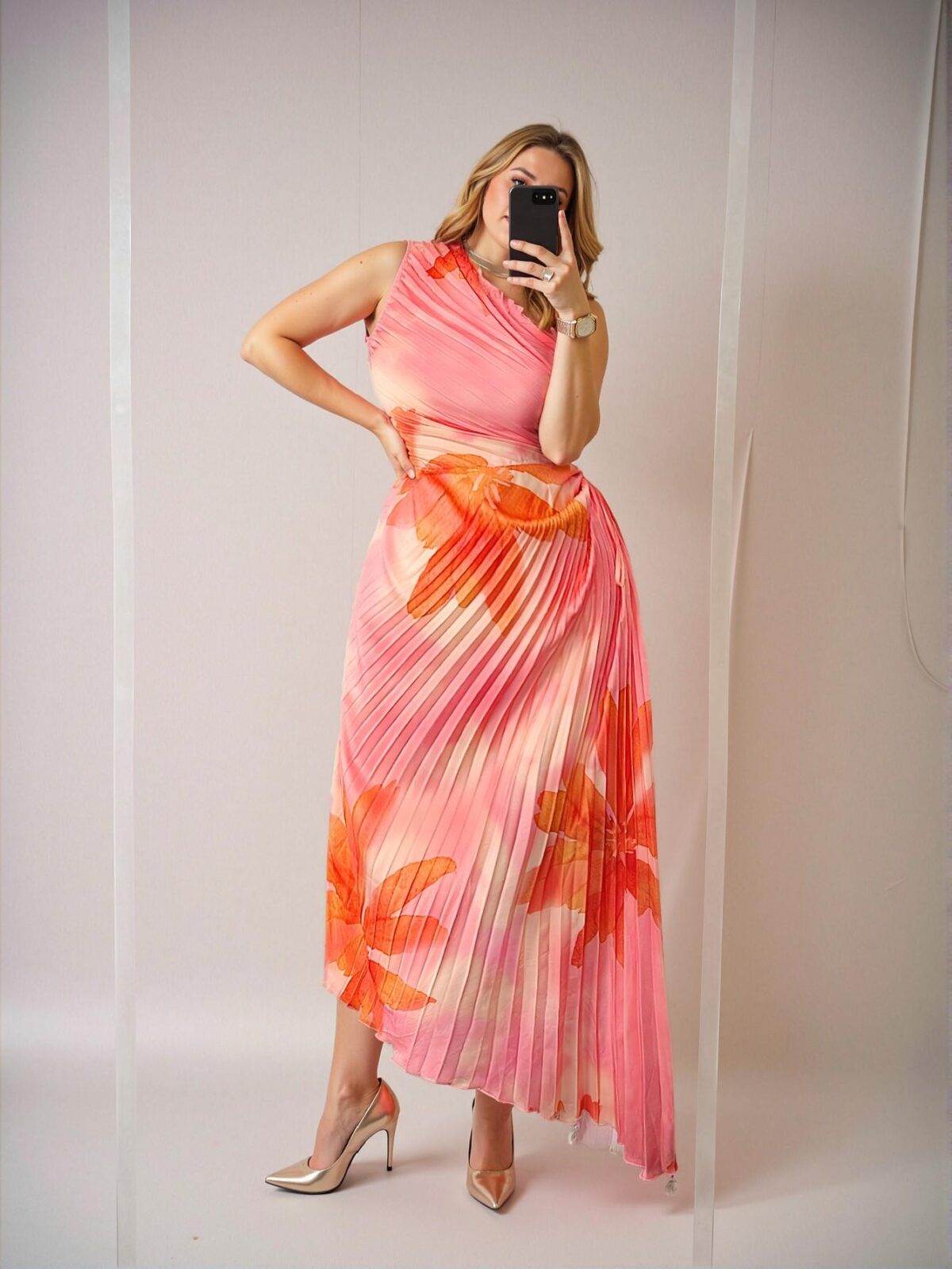 Elegant Orange Pleated A-Line Backless Midi Dress with Asymmetrical Neckline, Perfect for Spring and Summer Events and Celebrations - Chic, Classy and Trendy Fashion Style to Dress to Impress - Image 2