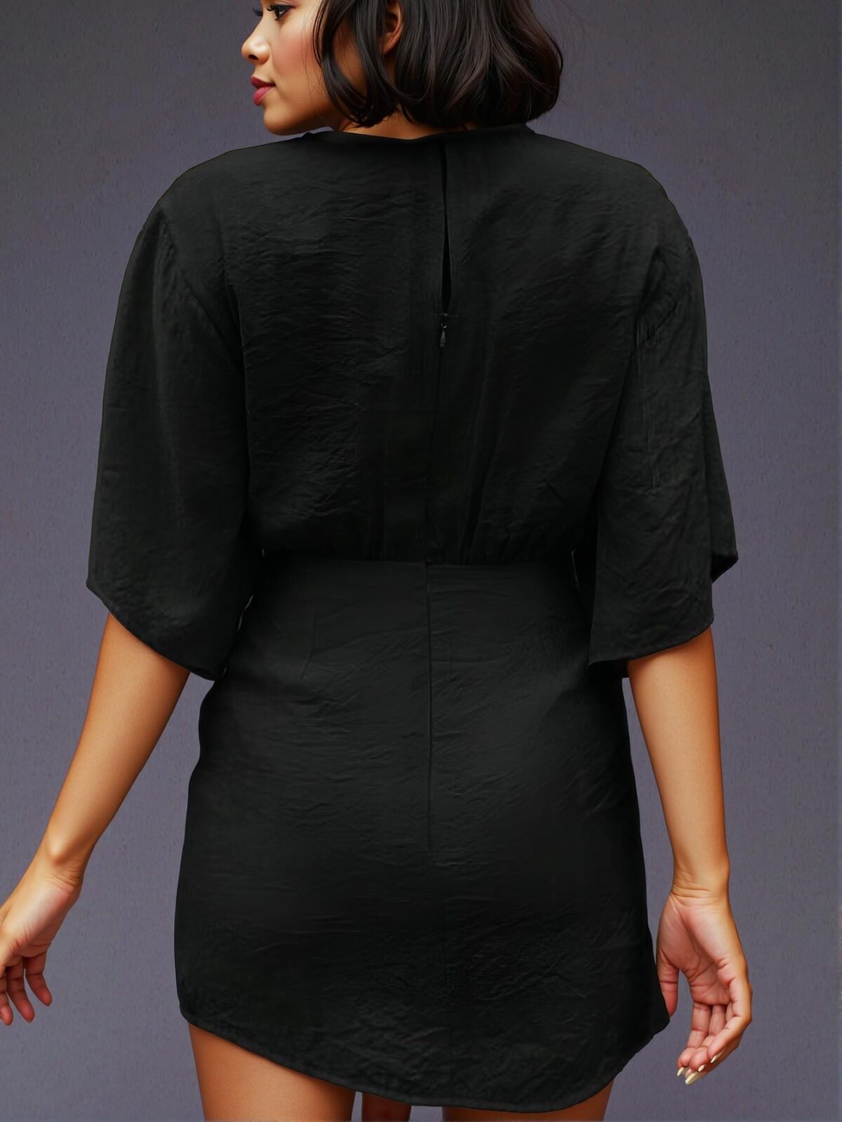 Elegant Black Stylish V-Neck Tie-Up Bodycon Dress with Asymmetrical Hem and Chic Short Sleeves for Spring and Summer Outings - Chic, Classy and Trendy Fashion Style to Dress to Impress - Image 4