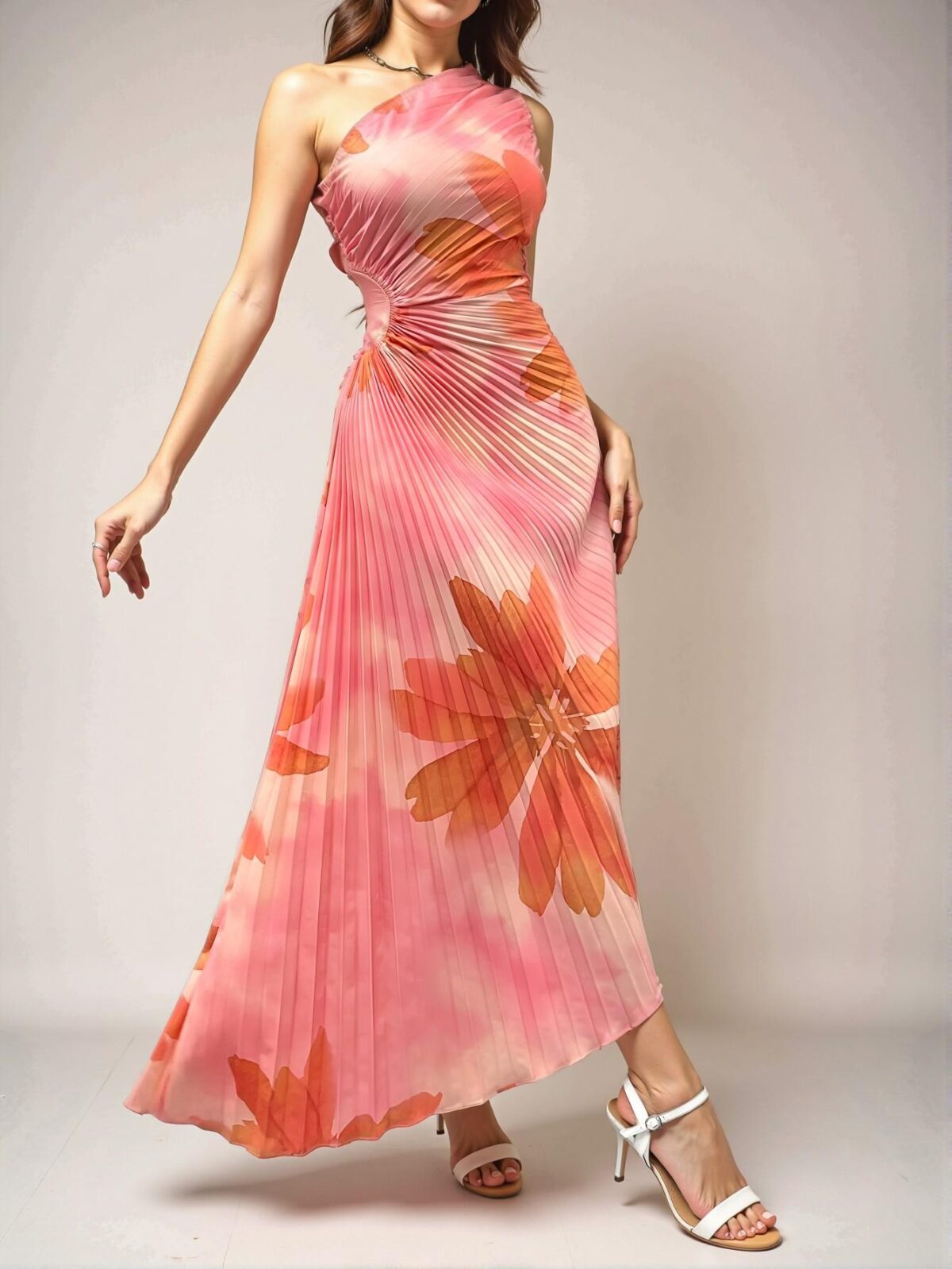 Elegant Orange Pleated A-Line Backless Midi Dress with Asymmetrical Neckline, Perfect for Spring and Summer Events and Celebrations - Chic, Classy and Trendy Fashion Style to Dress to Impress - Image 4