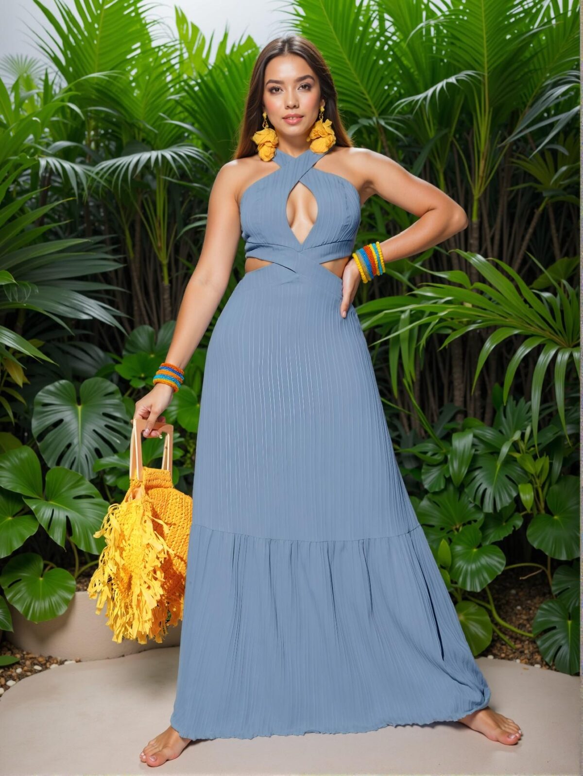 Elegant Blue Stylish Casual Vacation Cross Halter Neck Backless Maxi Dress with Flouncy A-Line Skirt - Chic, Classy and Trendy Fashion Style to Dress to Impress - Image 3