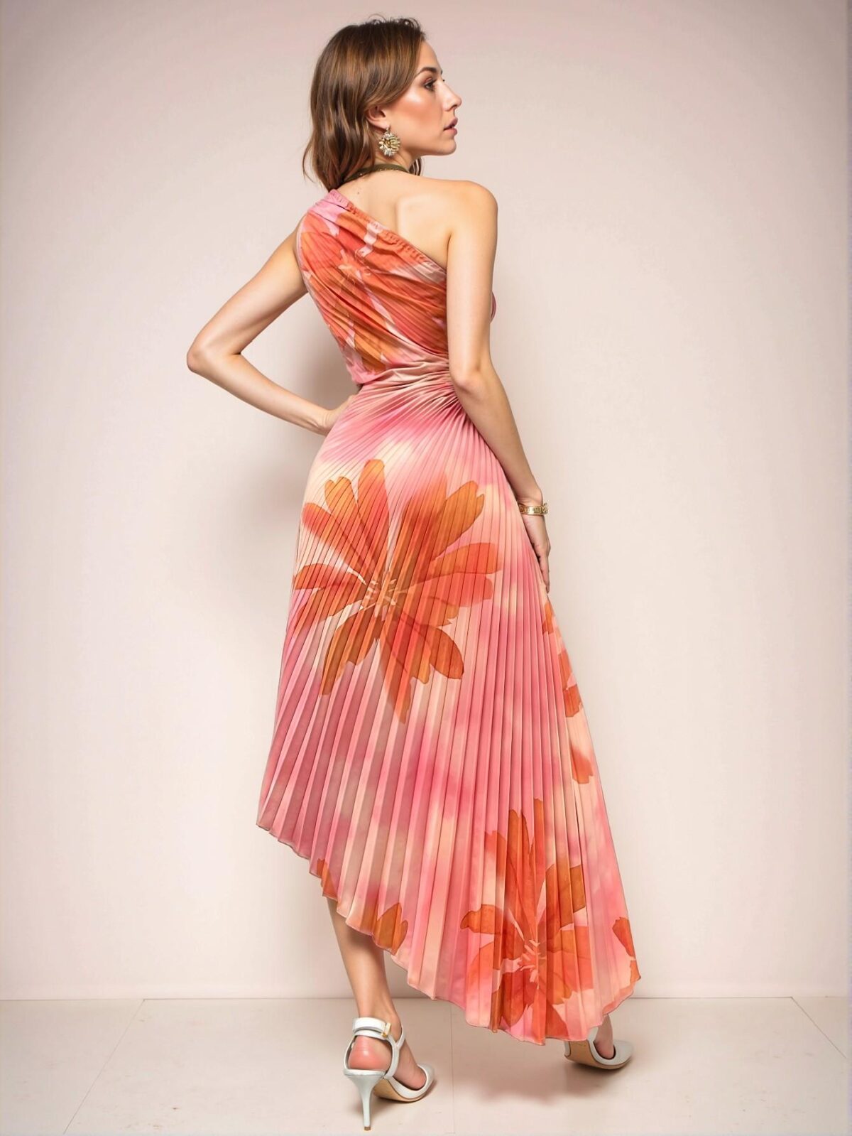 Elegant Orange Pleated A-Line Backless Midi Dress with Asymmetrical Neckline, Perfect for Spring and Summer Events and Celebrations - Chic, Classy and Trendy Fashion Style to Dress to Impress - Image 5