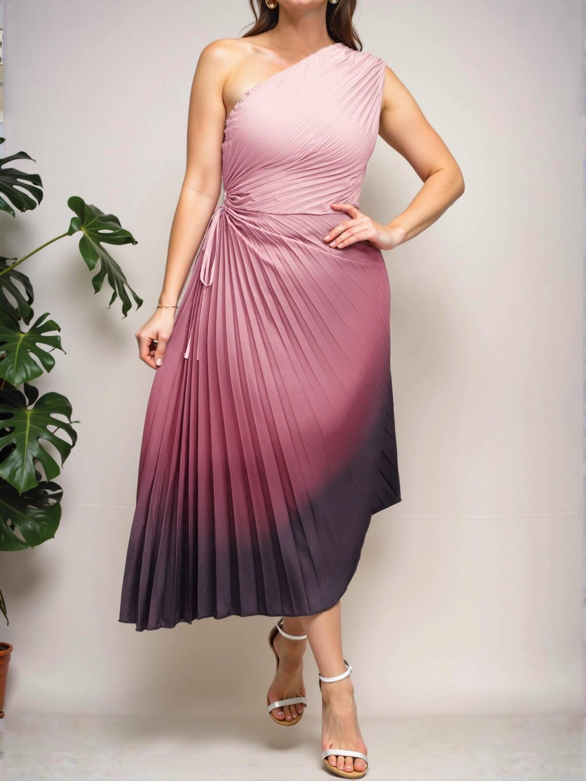 Elegant Multicolor Pleated One-Shoulder Midi Dress - Chic, Classy and Trendy Fashion Style to Dress to Impress - Image 2