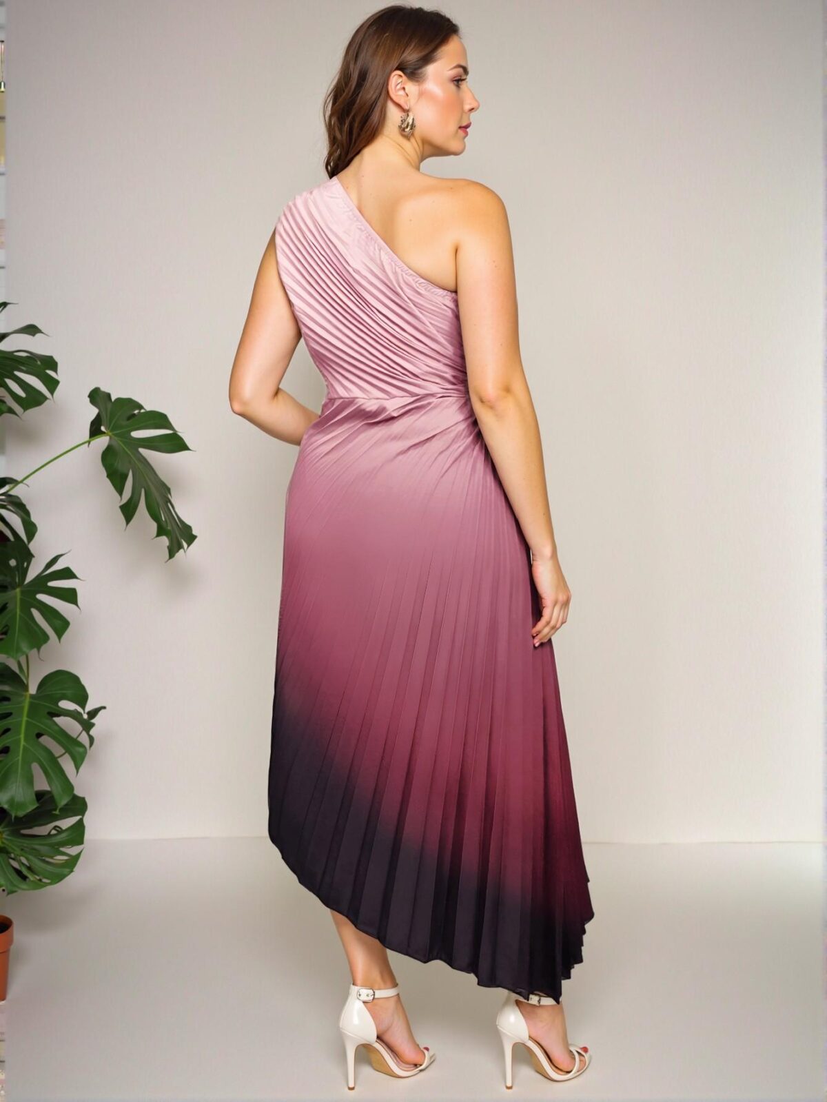 Elegant Multicolor Pleated One-Shoulder Midi Dress - Chic, Classy and Trendy Fashion Style to Dress to Impress - Image 3