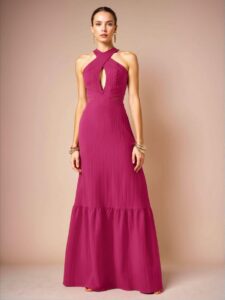 Elegant Hot Pink Backless Halter Neck Maxi Dress with Ruffle Hem in Textured Fabric for Spring and Summer Style "Chic, Classy and Trendy Fashion Style to Dress to Impress"