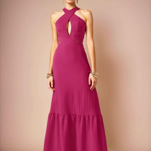 Elegant Hot Pink Backless Halter Neck Maxi Dress with Ruffle Hem in Textured Fabric for Spring and Summer Style "Chic, Classy and Trendy Fashion Style to Dress to Impress"