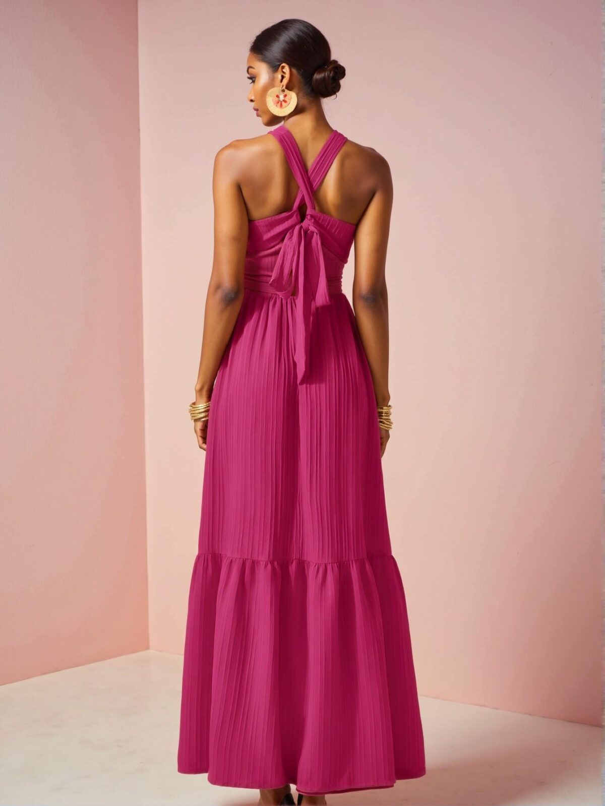 Elegant Hot Pink Backless Halter Neck Maxi Dress with Ruffle Hem in Textured Fabric for Spring and Summer Style "Chic, Classy and Trendy Fashion Style to Dress to Impress" - Image 2