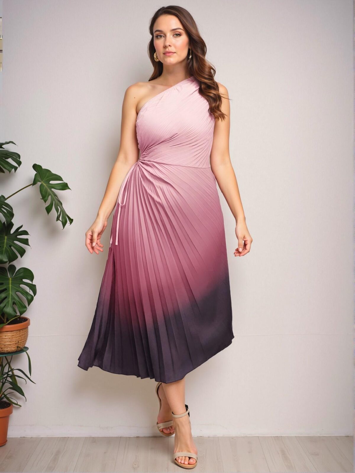 Elegant Multicolor Pleated One-Shoulder Midi Dress - Chic, Classy and Trendy Fashion Style to Dress to Impress - Image 4