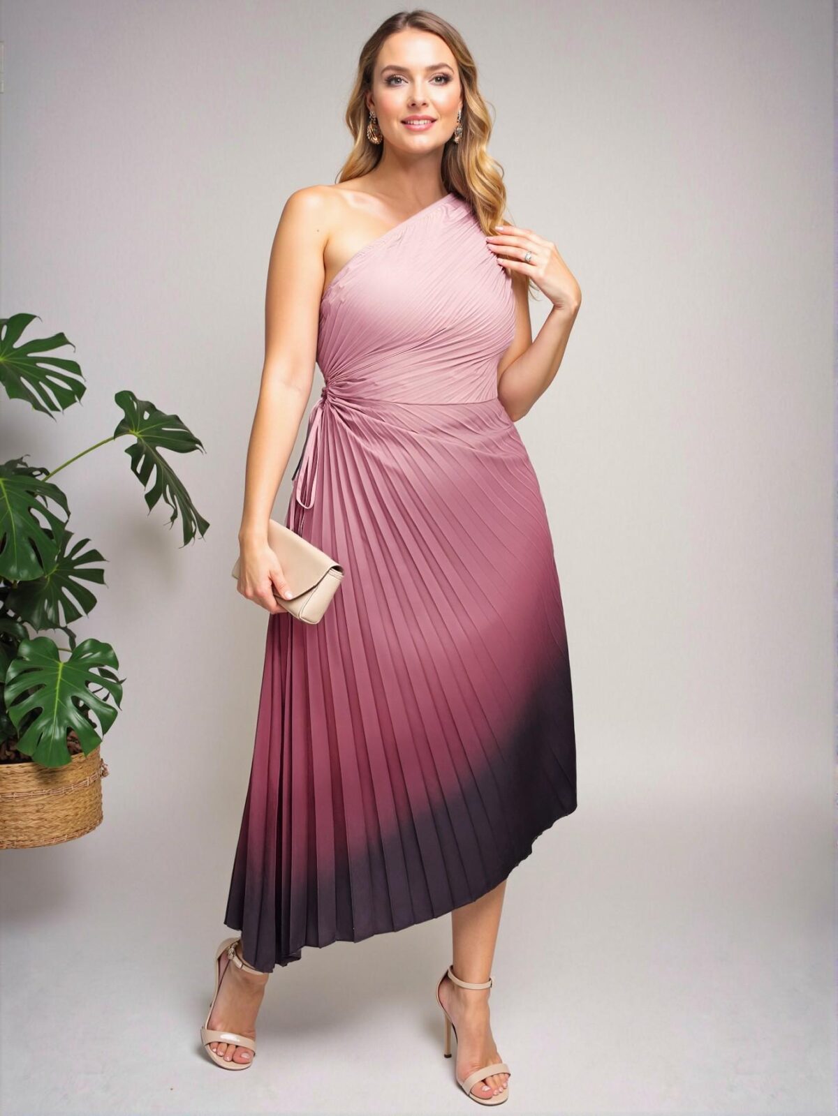 Elegant Multicolor Pleated One-Shoulder Midi Dress - Chic, Classy and Trendy Fashion Style to Dress to Impress - Image 5
