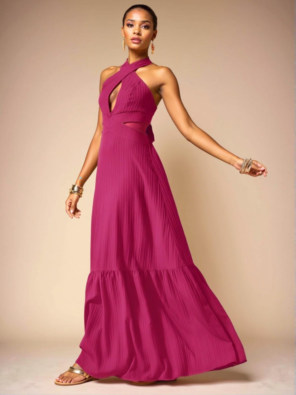 Elegant Hot Pink Backless Halter Neck Maxi Dress with Ruffle Hem in Textured Fabric for Spring and Summer Style "Chic, Classy and Trendy Fashion Style to Dress to Impress" - Image 3