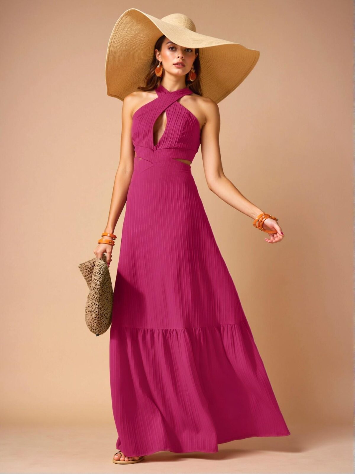 Elegant Hot Pink Backless Halter Neck Maxi Dress with Ruffle Hem in Textured Fabric for Spring and Summer Style "Chic, Classy and Trendy Fashion Style to Dress to Impress" - Image 4