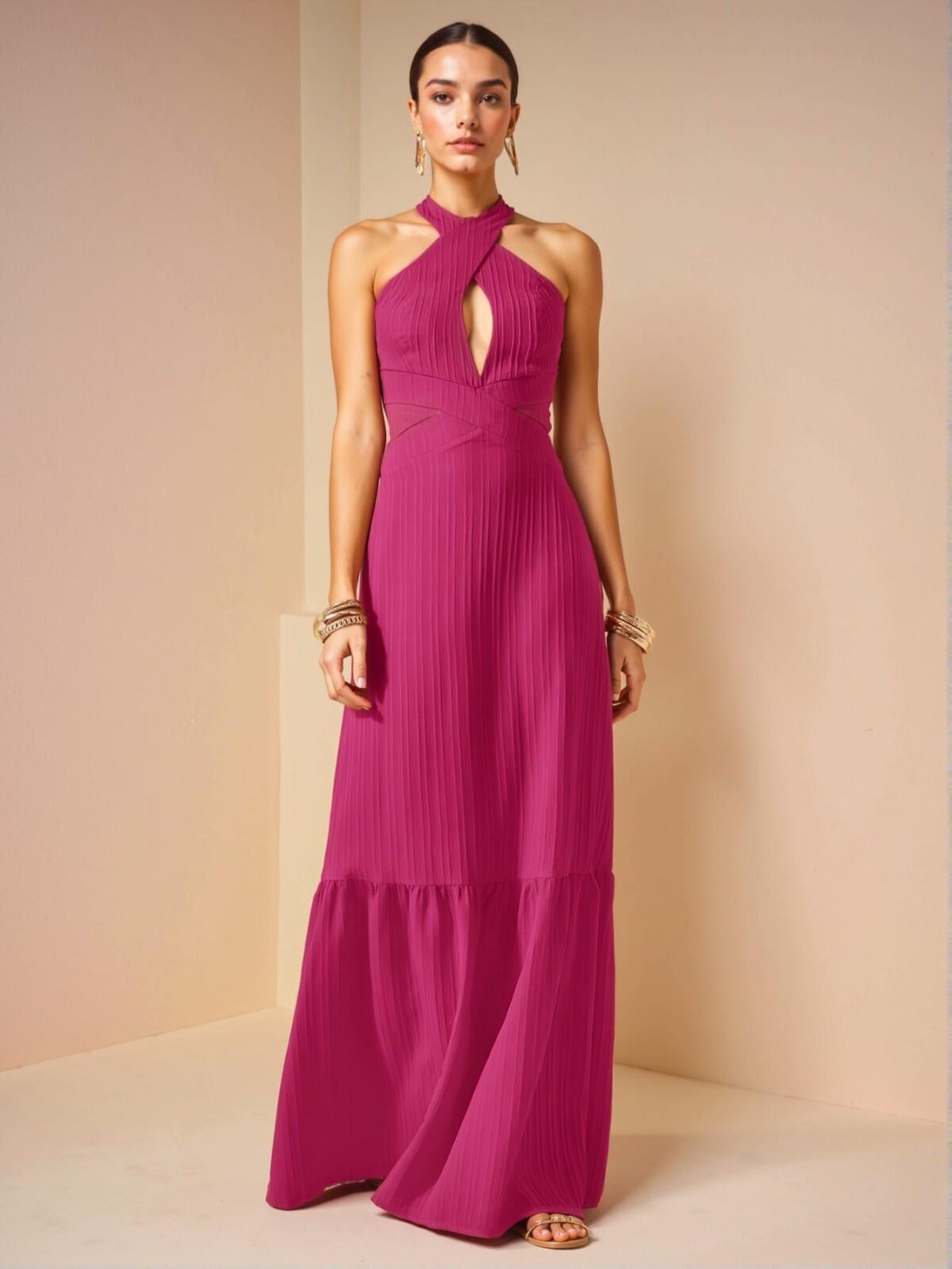 Elegant Hot Pink Backless Halter Neck Maxi Dress with Ruffle Hem in Textured Fabric for Spring and Summer Style "Chic, Classy and Trendy Fashion Style to Dress to Impress" - Image 5