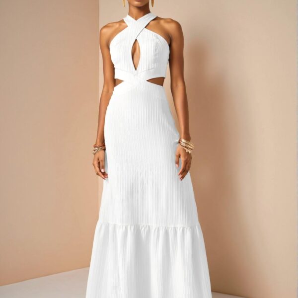 Elegant White Chic Halter Neck Backless Maxi Dress with Flounce Hem for Spring and Summer, Perfect for Vacation and Weddings - Chic, Classy and Trendy Fashion Style to Dress to Impress