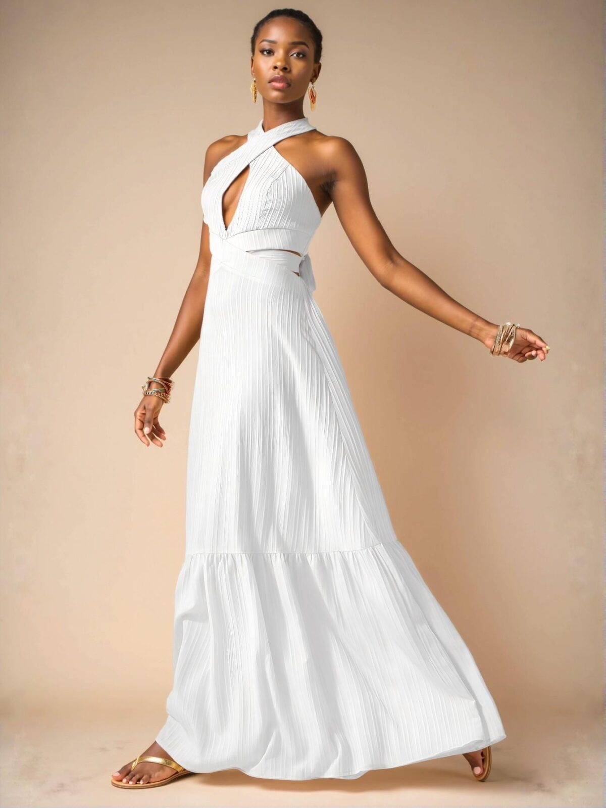 Elegant White Chic Halter Neck Backless Maxi Dress with Flounce Hem for Spring and Summer, Perfect for Vacation and Weddings - Chic, Classy and Trendy Fashion Style to Dress to Impress - Image 3