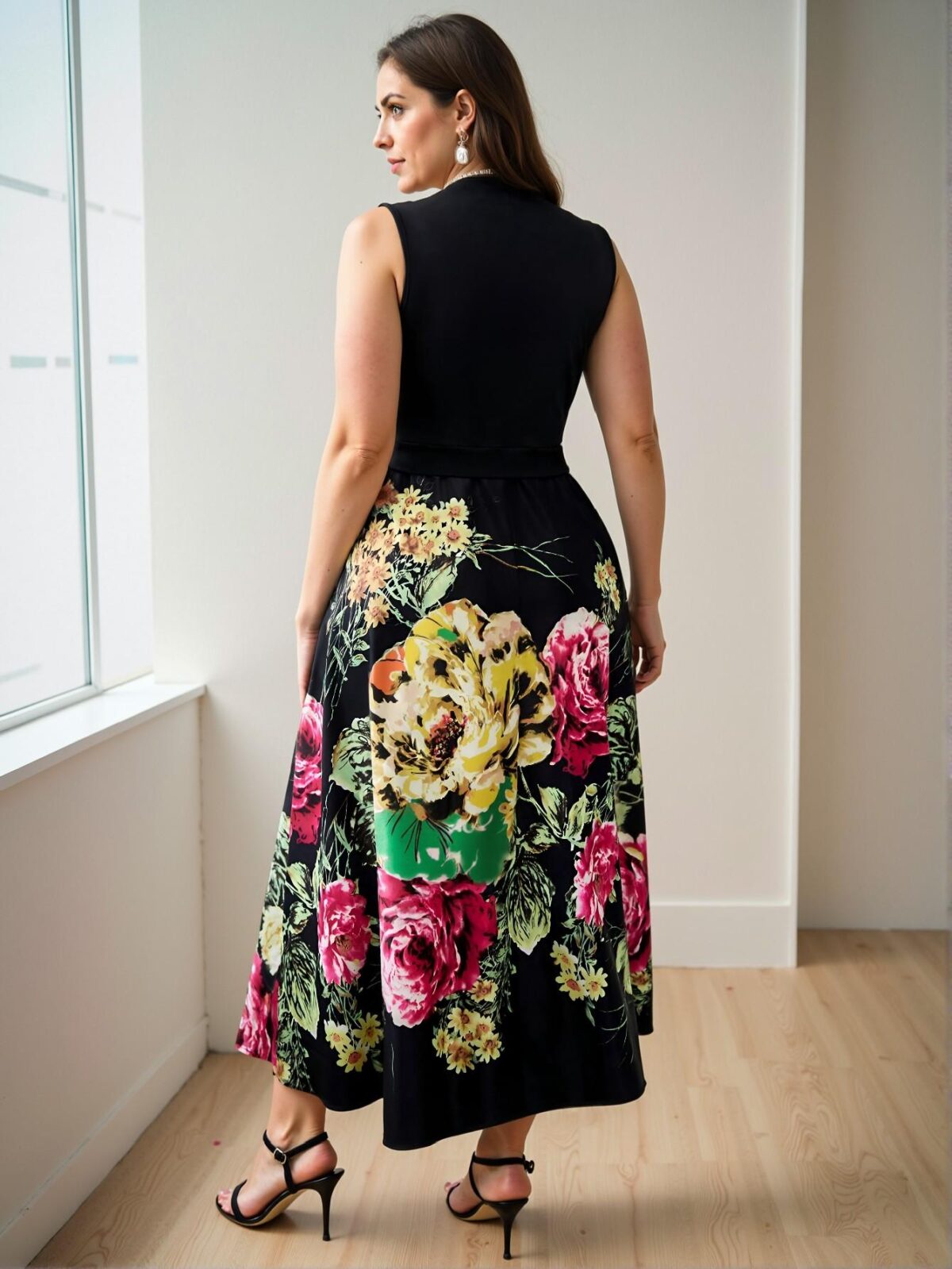 Elegant Black Floral A-Line V-Neck Sleeveless Dress for Plus Size Women - Chic, Classy and Trendy Fashion Style to Dress to Impress - Image 2