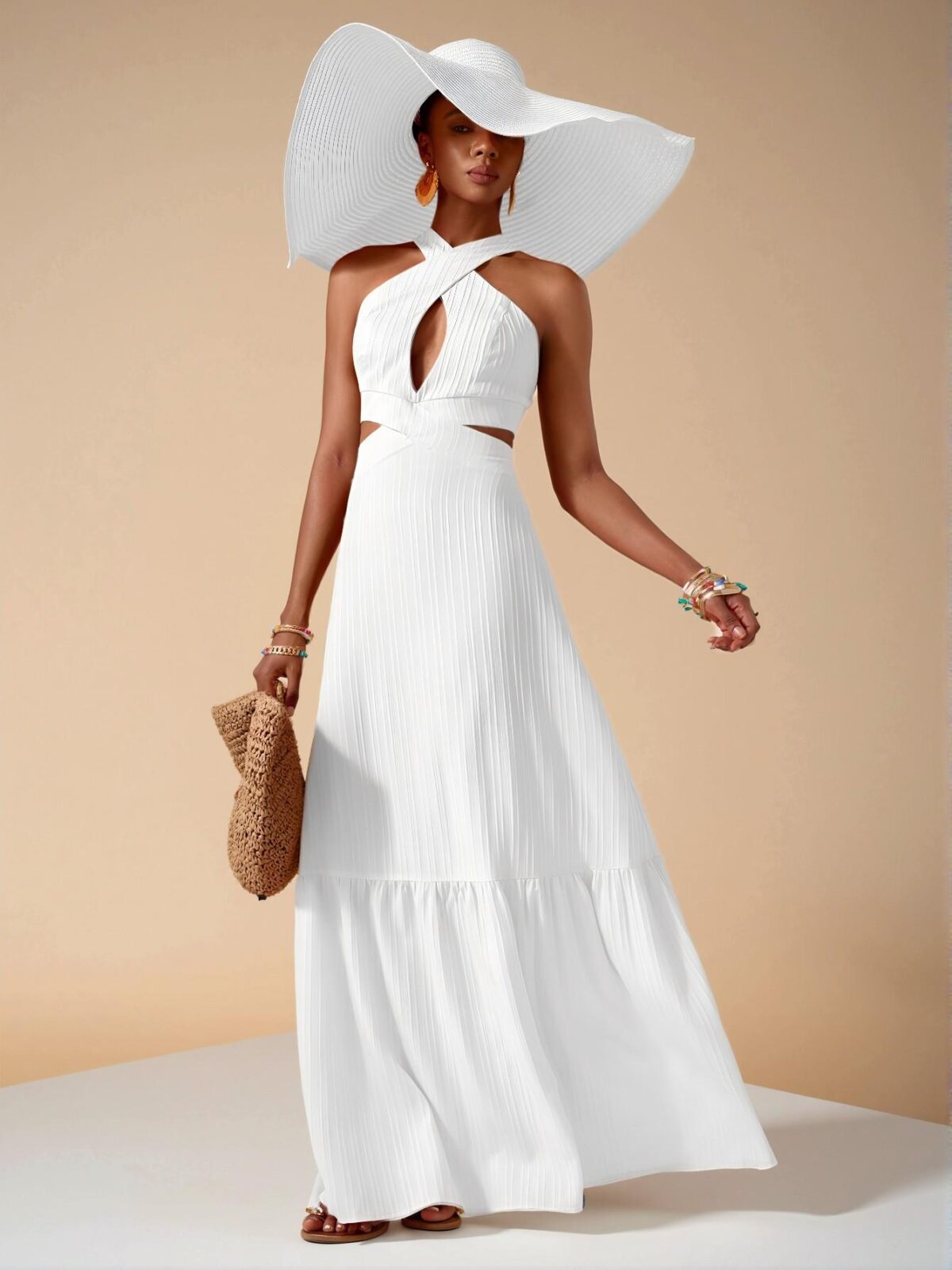 Elegant White Chic Halter Neck Backless Maxi Dress with Flounce Hem for Spring and Summer, Perfect for Vacation and Weddings - Chic, Classy and Trendy Fashion Style to Dress to Impress - Image 4
