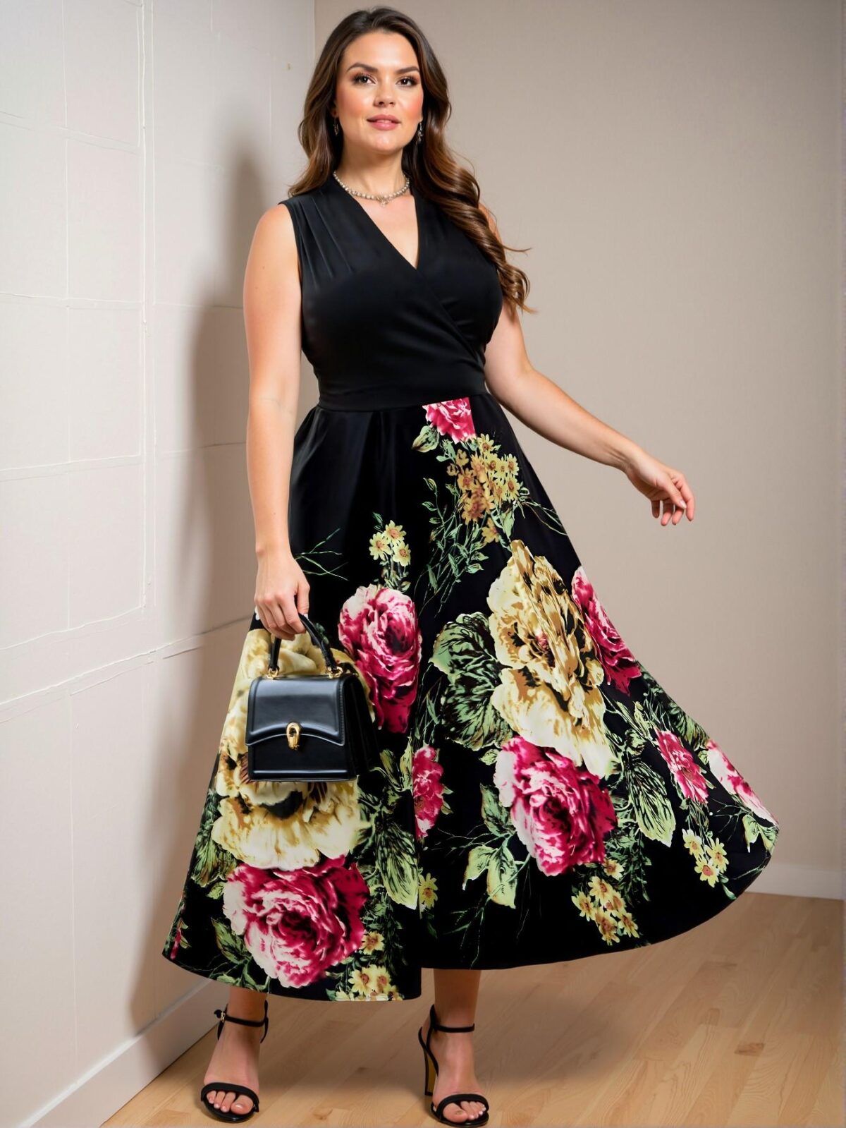 Elegant Black Floral A-Line V-Neck Sleeveless Dress for Plus Size Women - Chic, Classy and Trendy Fashion Style to Dress to Impress - Image 3