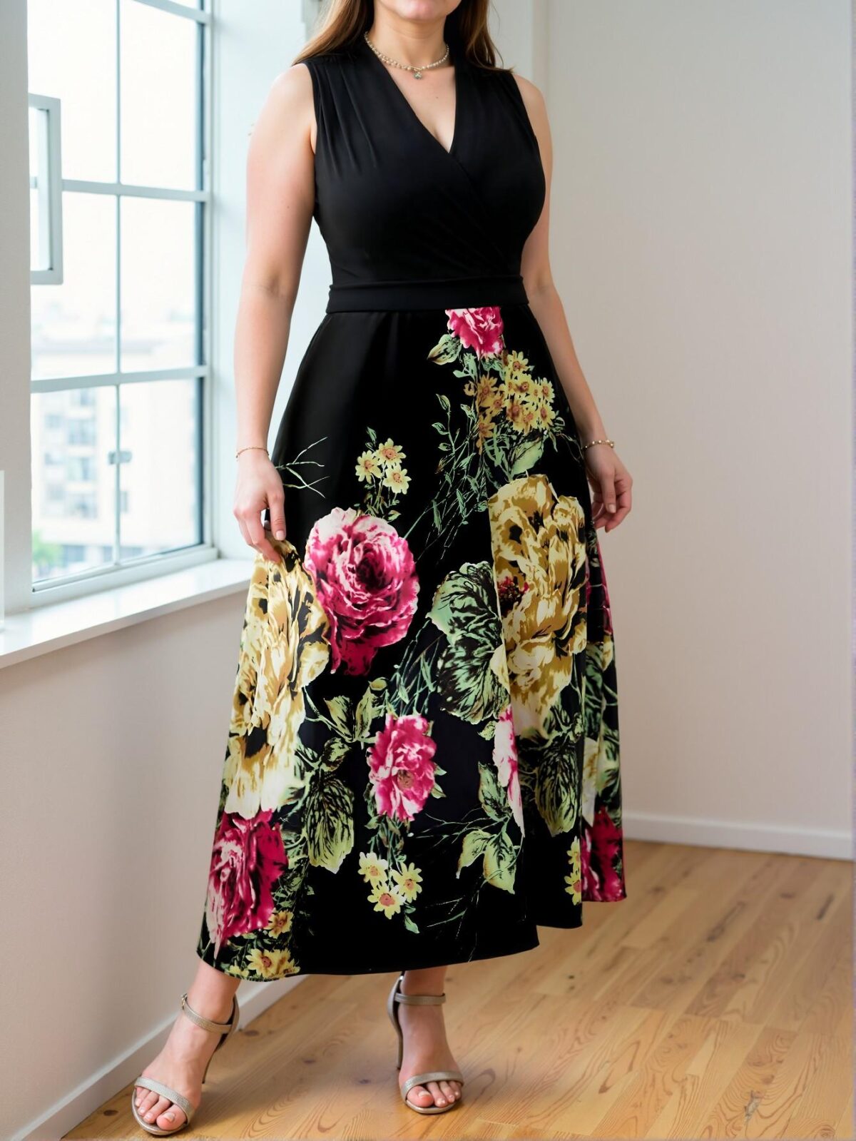 Elegant Black Floral A-Line V-Neck Sleeveless Dress for Plus Size Women - Chic, Classy and Trendy Fashion Style to Dress to Impress - Image 4