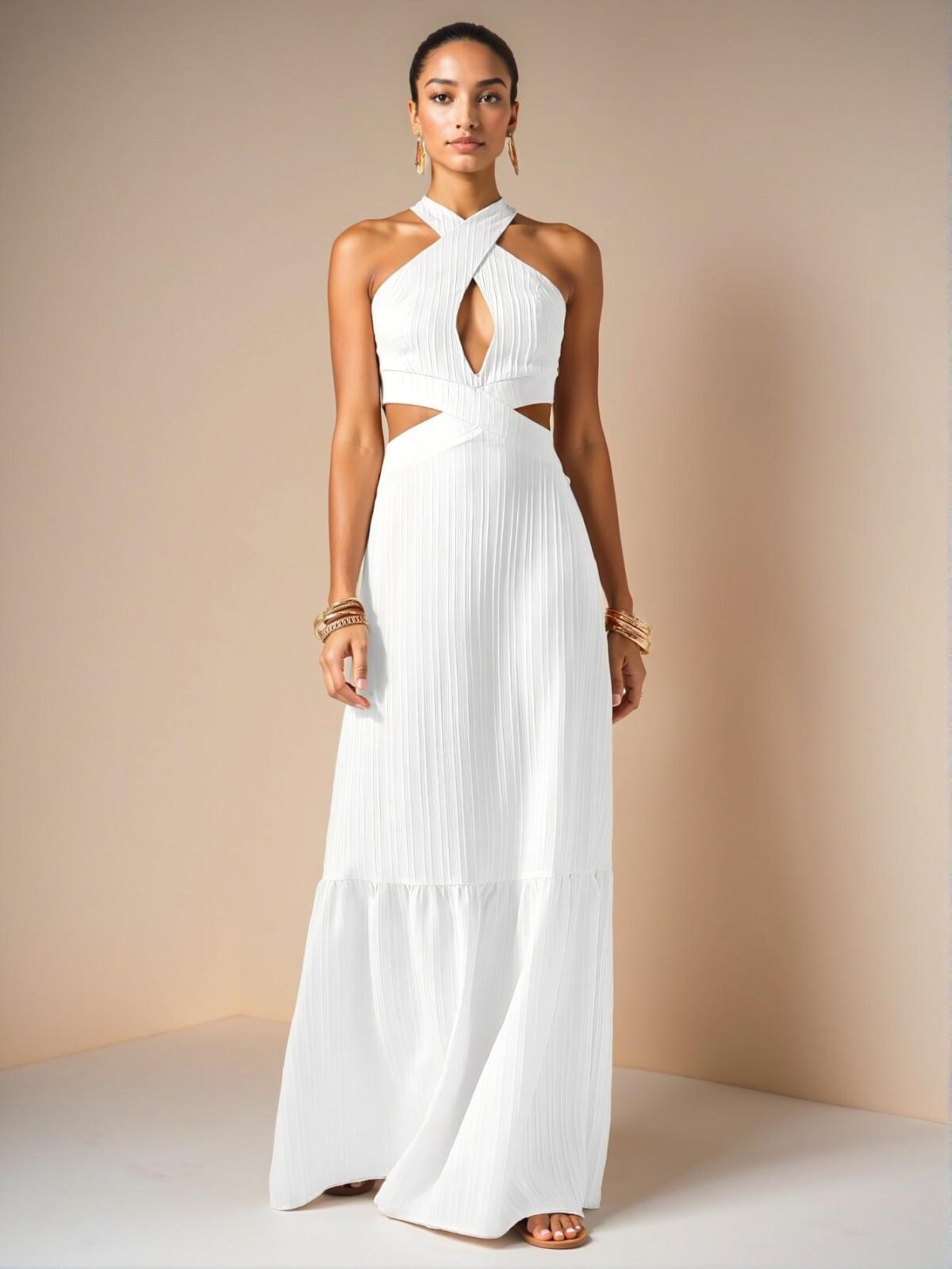 Elegant White Chic Halter Neck Backless Maxi Dress with Flounce Hem for Spring and Summer, Perfect for Vacation and Weddings - Chic, Classy and Trendy Fashion Style to Dress to Impress - Image 5