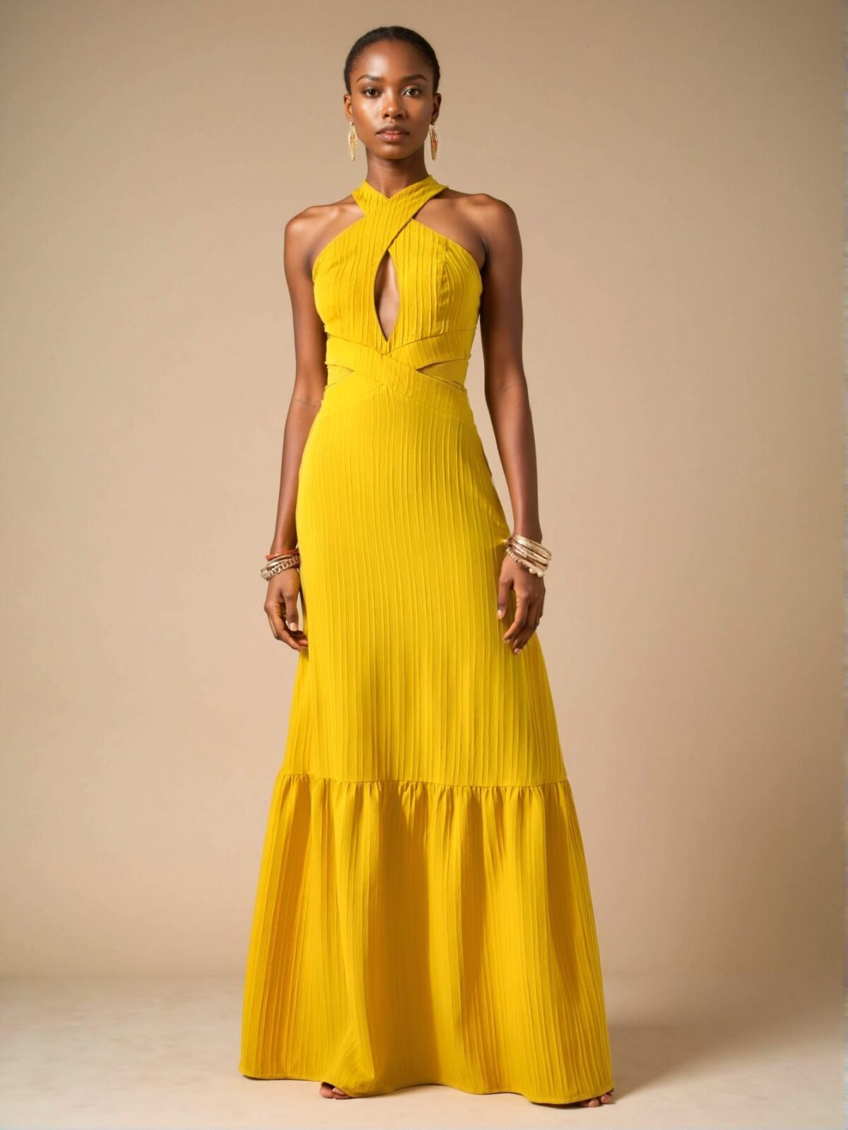 Elegant Yellow Stylish Halter Neck Backless Maxi Dress with A-Pulse Skirt for Spring and Summer - Chic, Classy and Trendy Fashion Style to Dress to Impress
