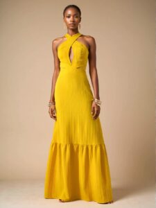 Elegant Yellow Stylish Halter Neck Backless Maxi Dress with A-Pulse Skirt for Spring and Summer - Chic, Classy and Trendy Fashion Style to Dress to Impress