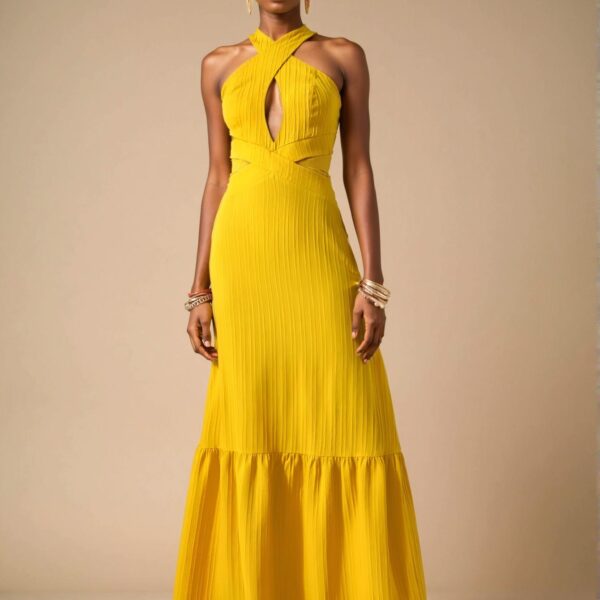 Elegant Yellow Stylish Halter Neck Backless Maxi Dress with A-Pulse Skirt for Spring and Summer - Chic, Classy and Trendy Fashion Style to Dress to Impress