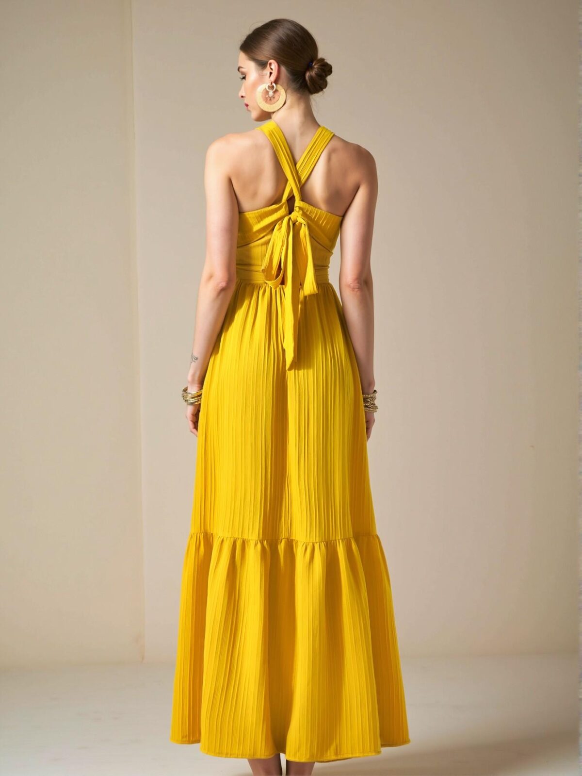 Elegant Yellow Stylish Halter Neck Backless Maxi Dress with A-Pulse Skirt for Spring and Summer - Chic, Classy and Trendy Fashion Style to Dress to Impress - Image 2