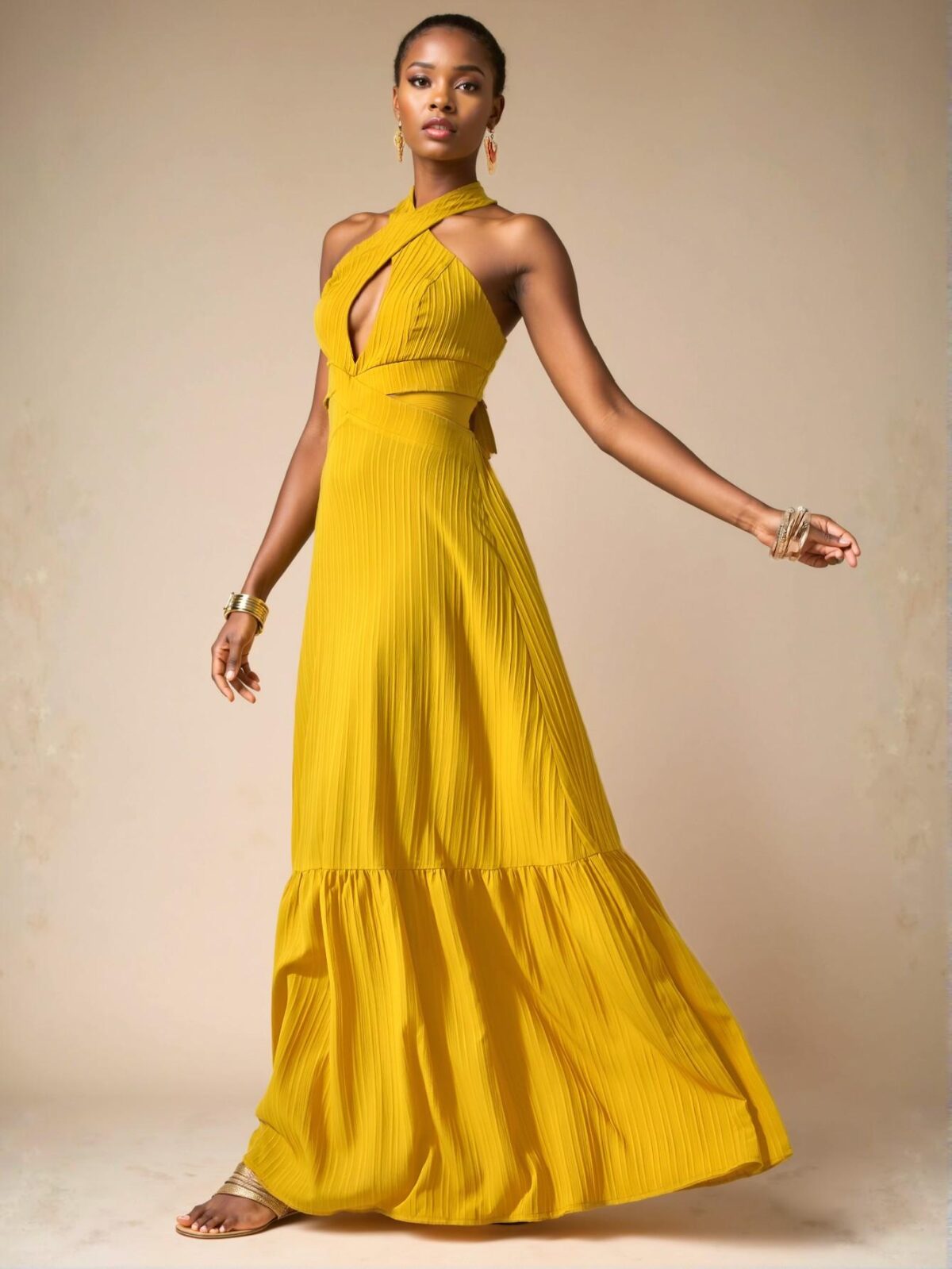 Elegant Yellow Stylish Halter Neck Backless Maxi Dress with A-Pulse Skirt for Spring and Summer - Chic, Classy and Trendy Fashion Style to Dress to Impress - Image 3