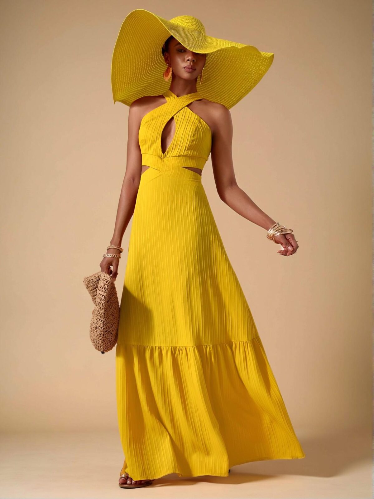 Elegant Yellow Stylish Halter Neck Backless Maxi Dress with A-Pulse Skirt for Spring and Summer - Chic, Classy and Trendy Fashion Style to Dress to Impress - Image 4