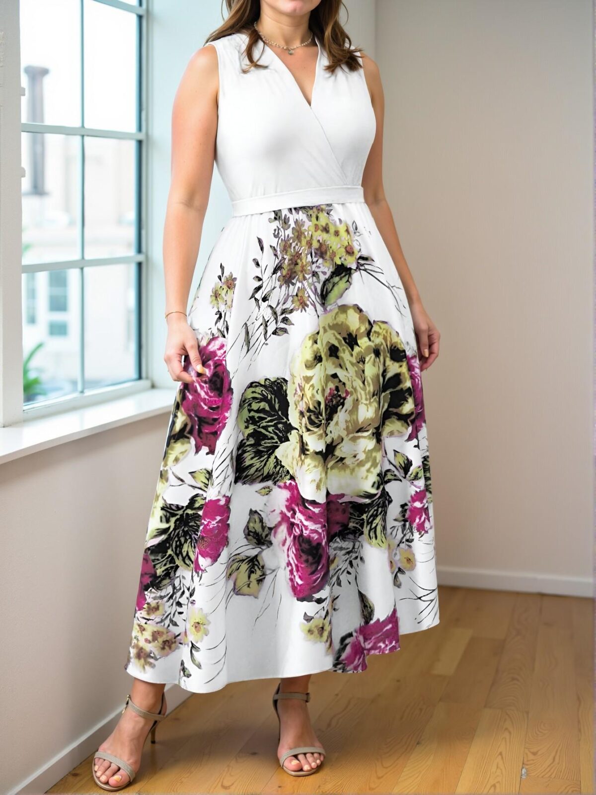 Elegant White Floral Print V-Neck Sleeveless Overlap Casual Dress for Chic, Classy, and Trendy Fashion Style to Dress to Impress - Image 3