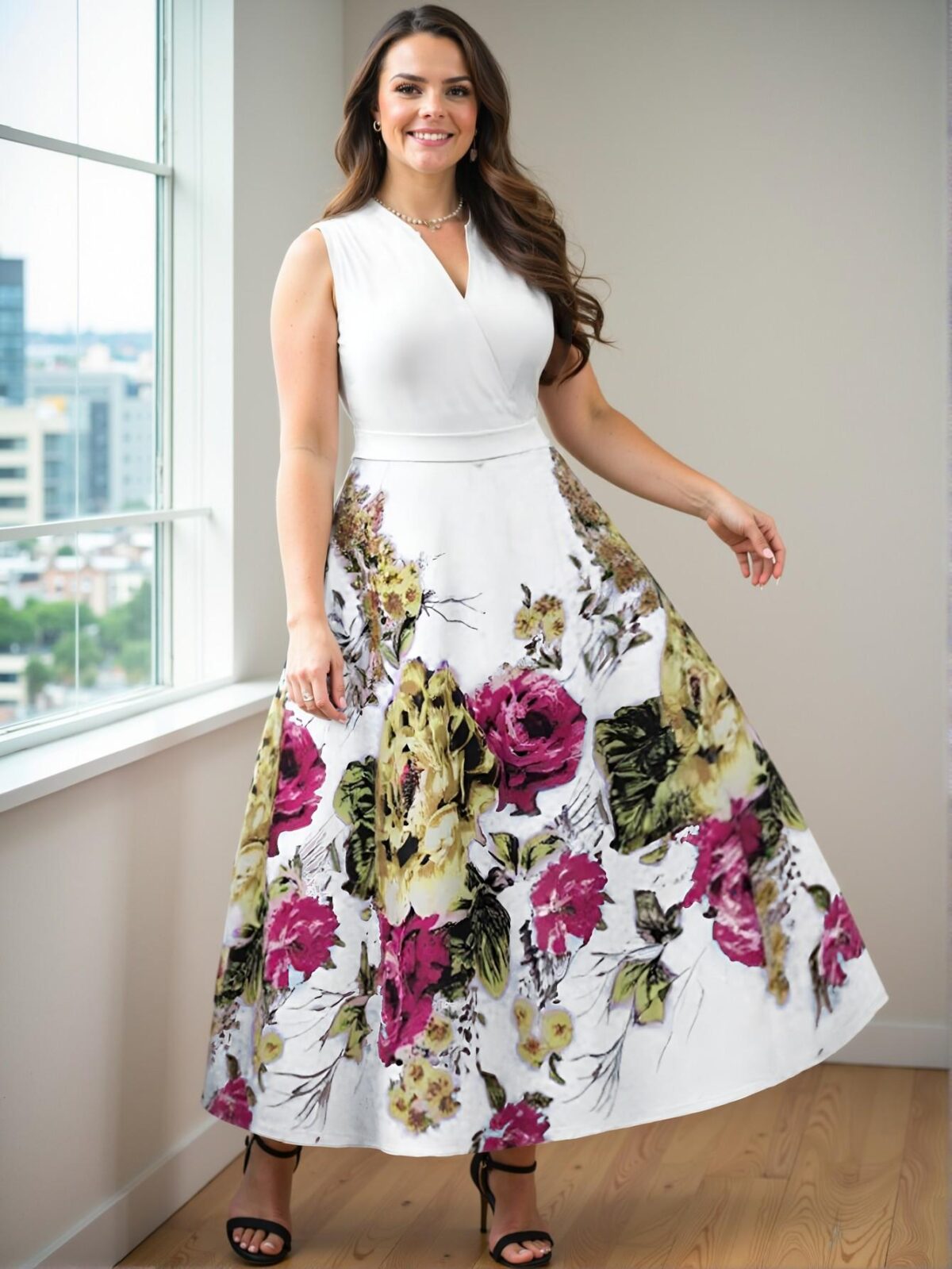 Elegant White Floral Print V-Neck Sleeveless Overlap Casual Dress for Chic, Classy, and Trendy Fashion Style to Dress to Impress - Image 4