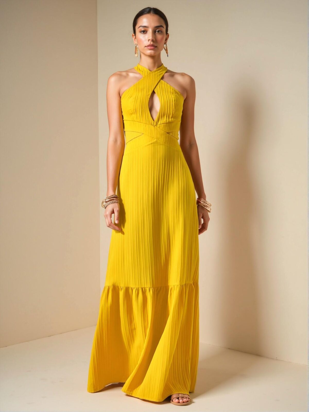 Elegant Yellow Stylish Halter Neck Backless Maxi Dress with A-Pulse Skirt for Spring and Summer - Chic, Classy and Trendy Fashion Style to Dress to Impress - Image 5